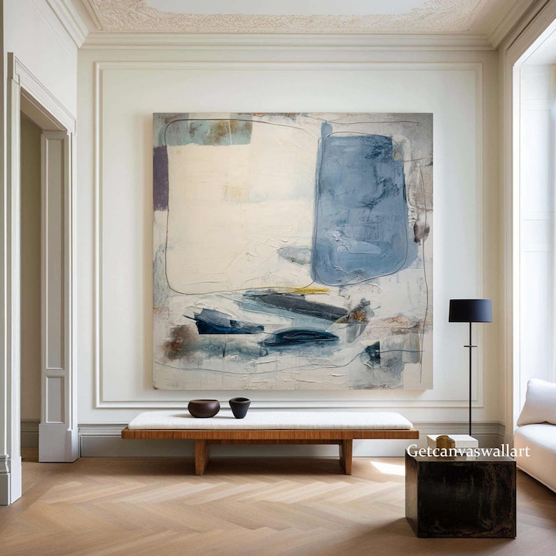 Large Abstract Oil Painting Blue and White Textured Wall Art Wabi Sabi ...
