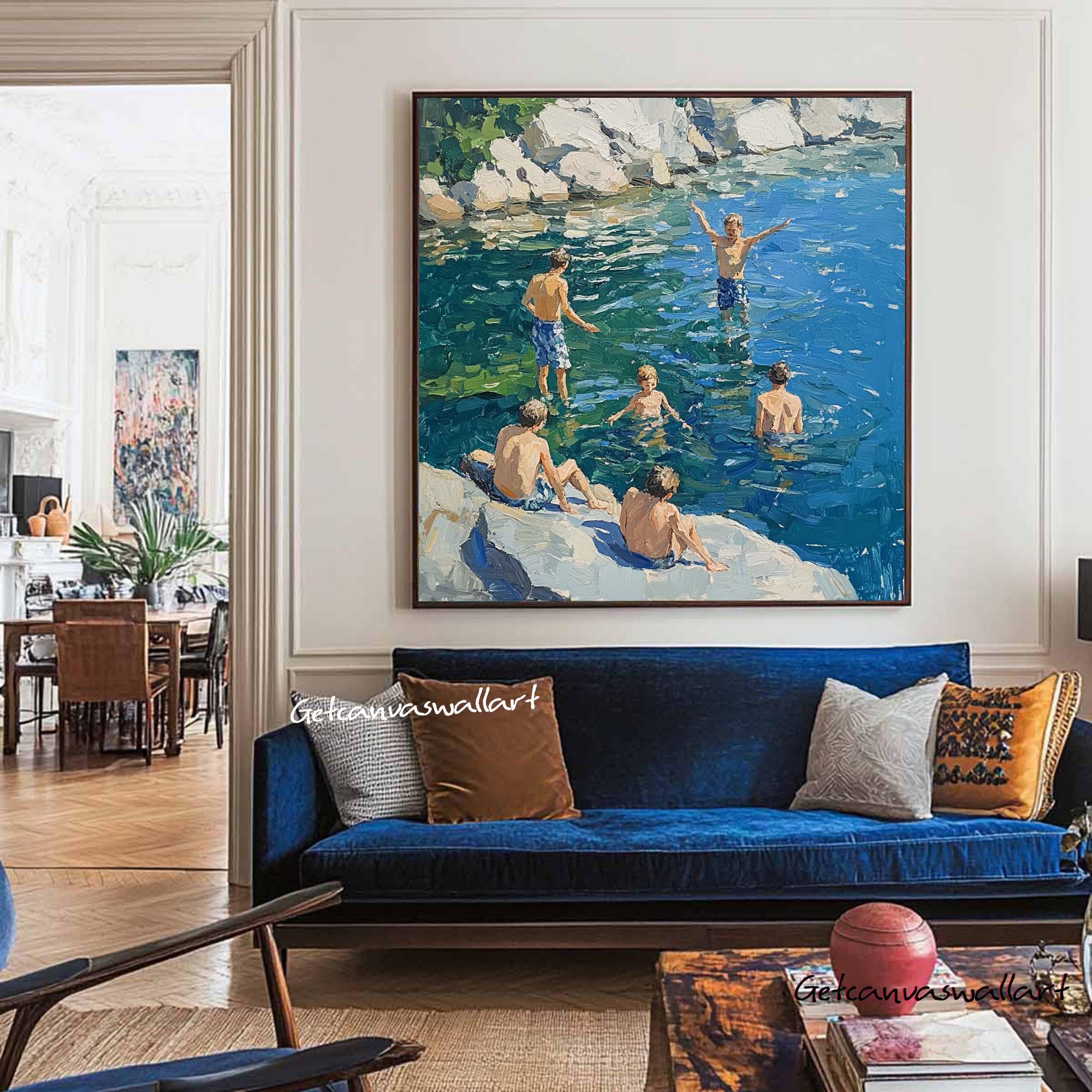 Textured Summer Lake Landscape Painting Boys Swimming Painting Large ...