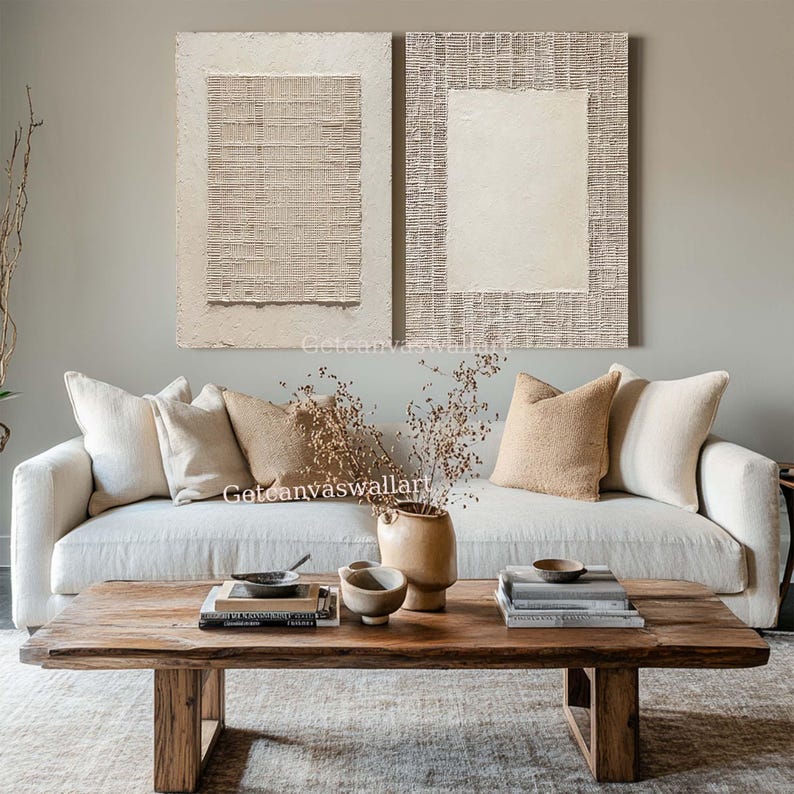 Large Beige Textured Wall Art Set of 2 Minimalist Abstract Painting ...