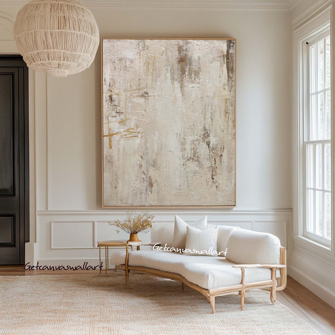 Large Beige Abstract Canvas Art Gold Line Textured Painting Wabi Sabi ...