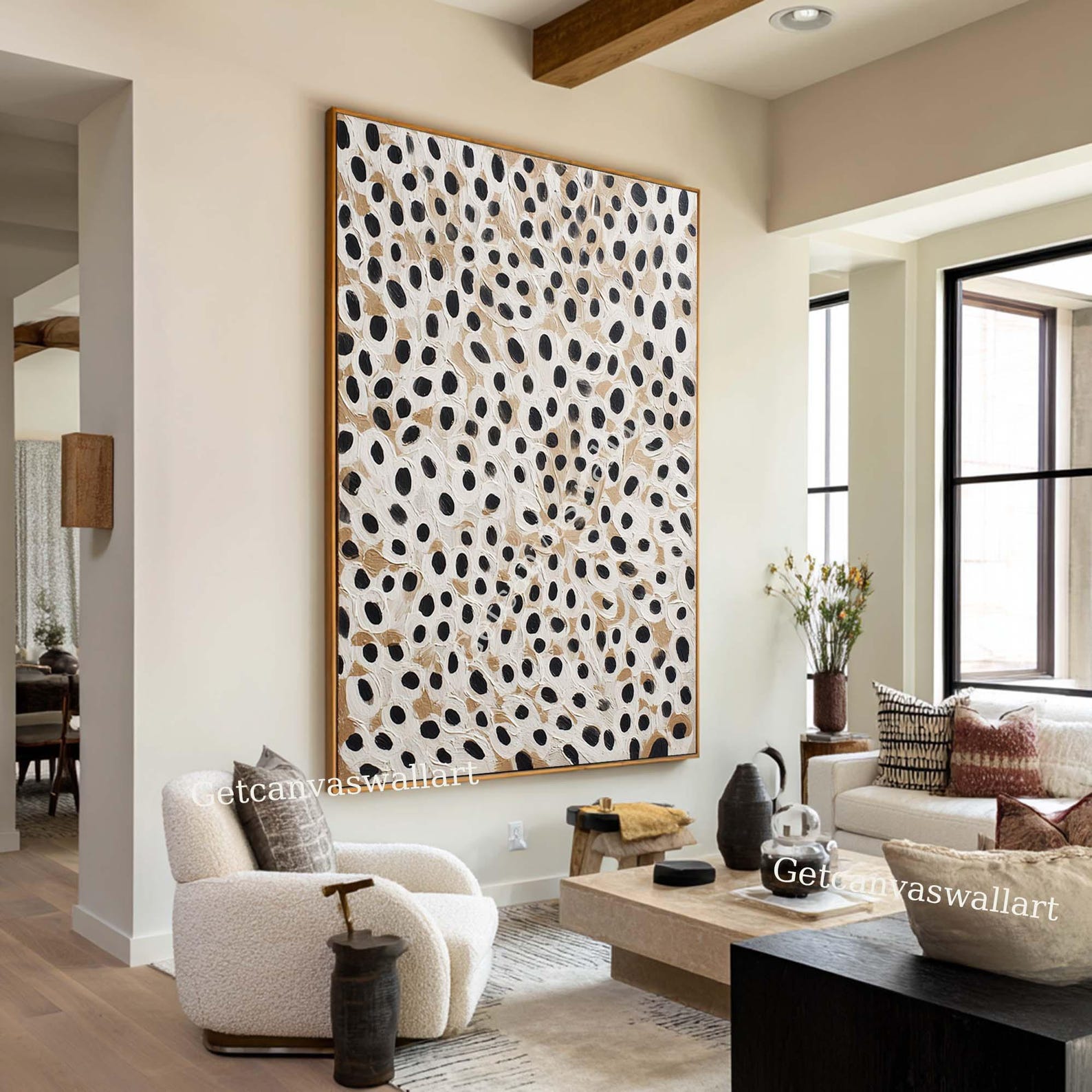 Large Abstract Polka Dot Painting Original Black and Beige Wall Art ...