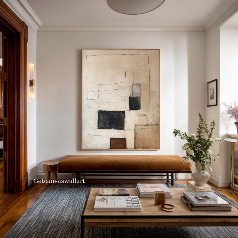 Wabi Sabi Minimalist Abstract Painting Large Beige Black Wall Art ...