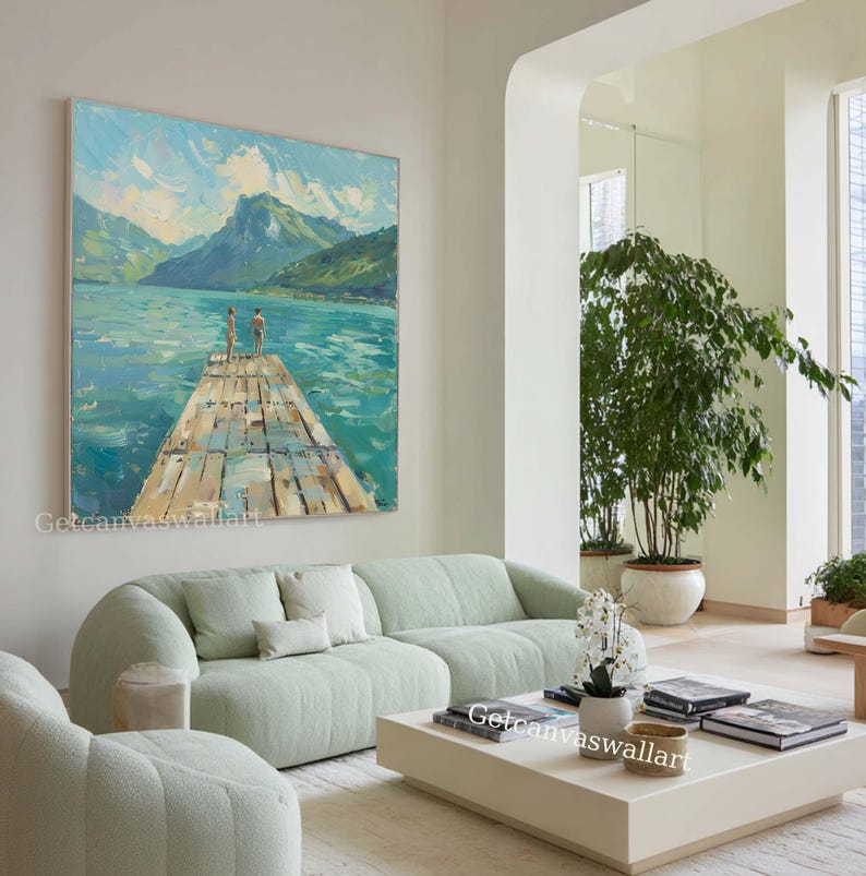 Large Abstract Lake Landscape Oil Painting Couple on Dock Serene Summer ...