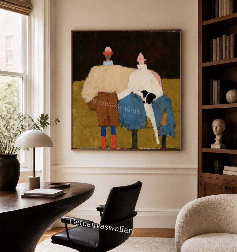 Nym Background Modern Figurative Painting Couple & Dog Textured Artwork Neutral Family ...
