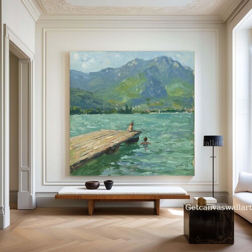 Abstract Lake Landscape Oil Painting Kids Swimming on Dock Modern Summer Scenic Nature Wall Art