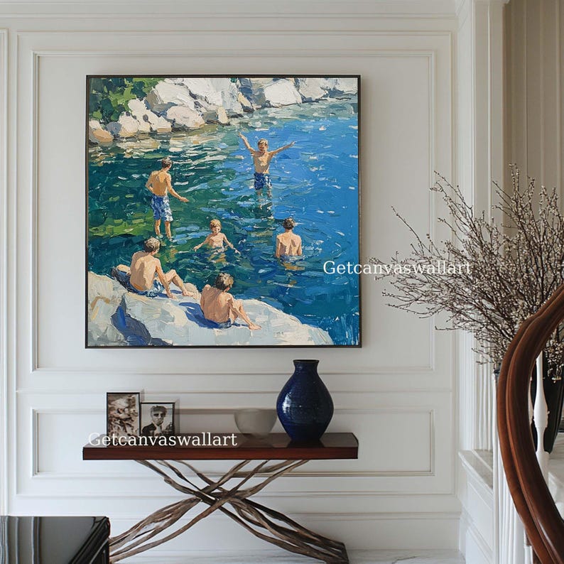 Vintage Summer Lake Scene Canvas Boys Swimming Oil Painting Large Blue ...