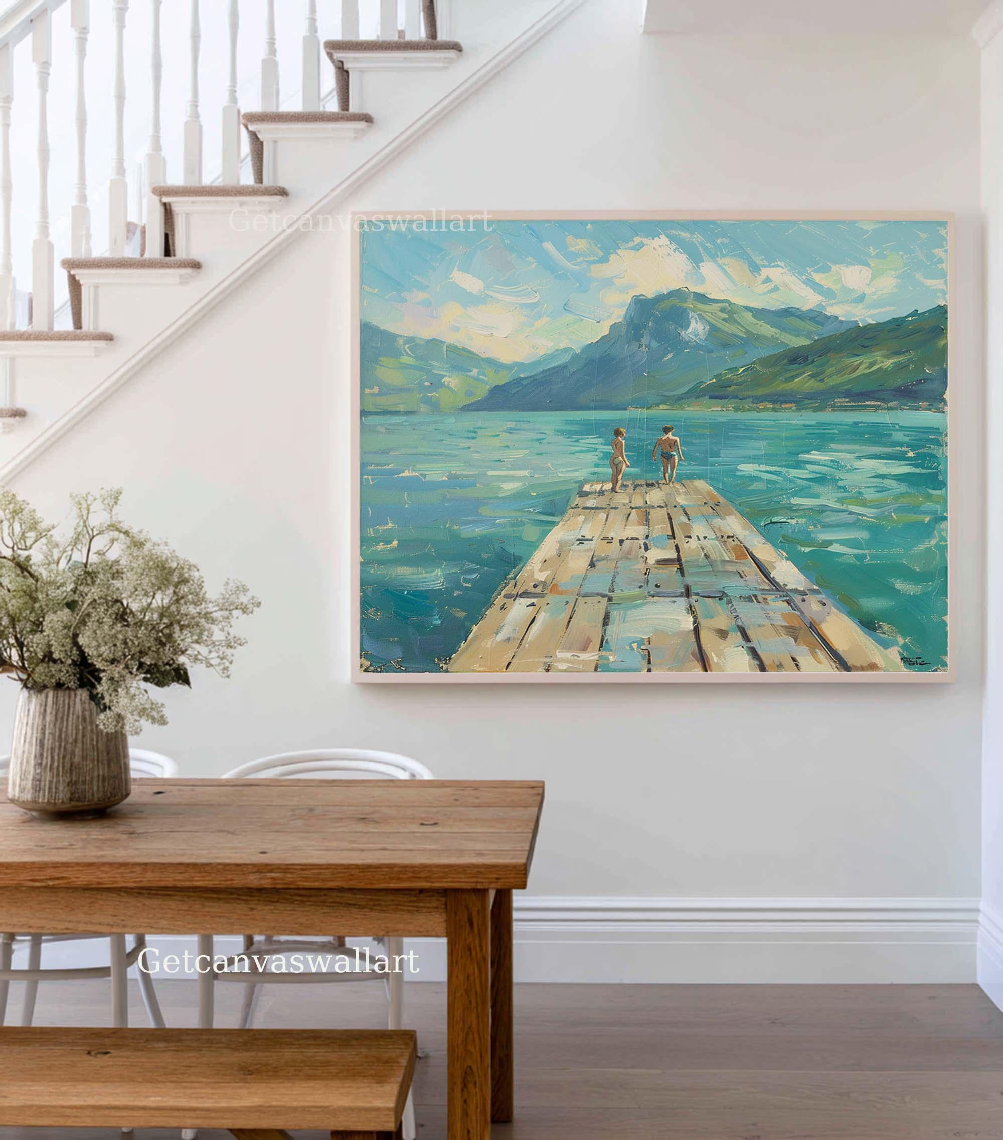 Large Abstract Lake Landscape Oil Painting Couple on Dock Serene Summer ...