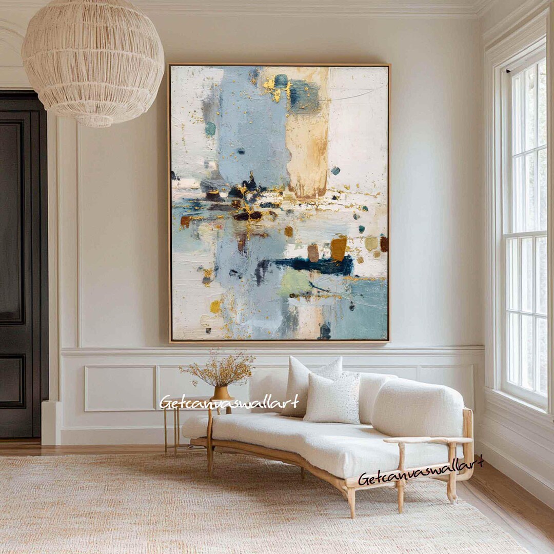 Large Blue Abstract Canvas Art Beige & Blue Textured Painting Wabi-sabi ...