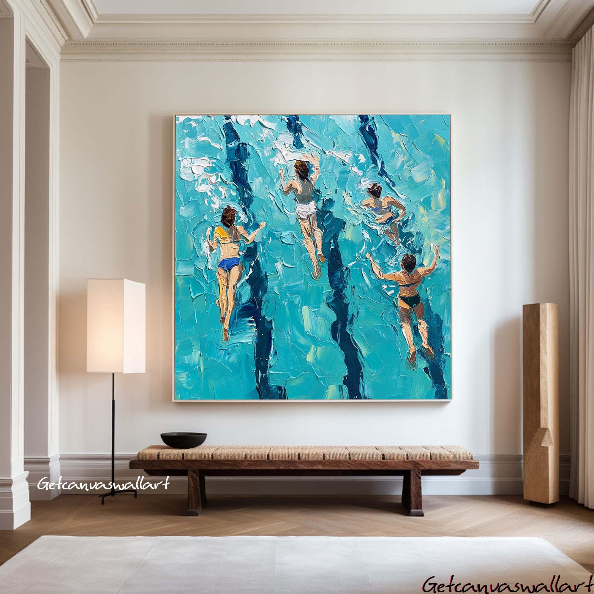 People Swimming in Pool Art Blue Texture Painting Minimalist Swimming Painting Blue Texture Art Swimmers Gift Art Fashion Summer Wall Art