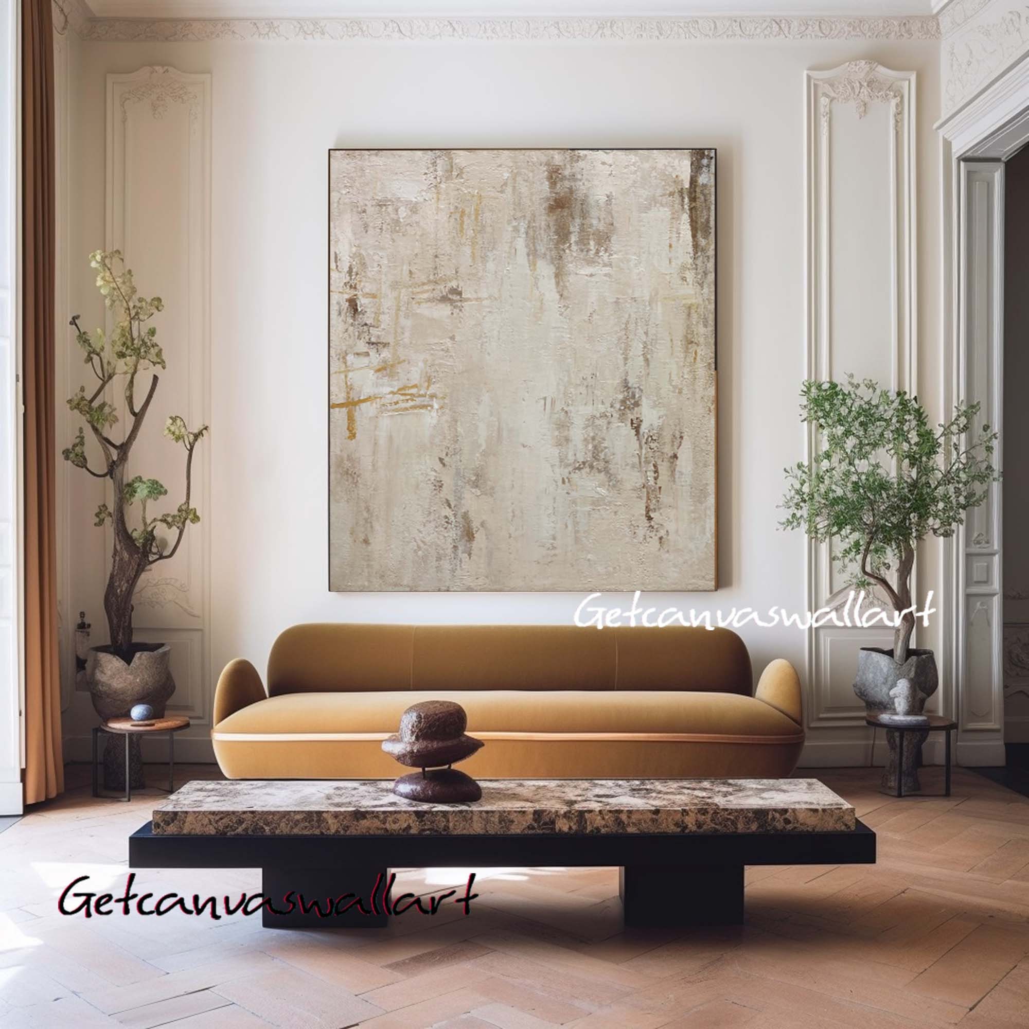 Large Beige Abstract Canvas Art Gold Line Textured Painting Wabi Sabi ...