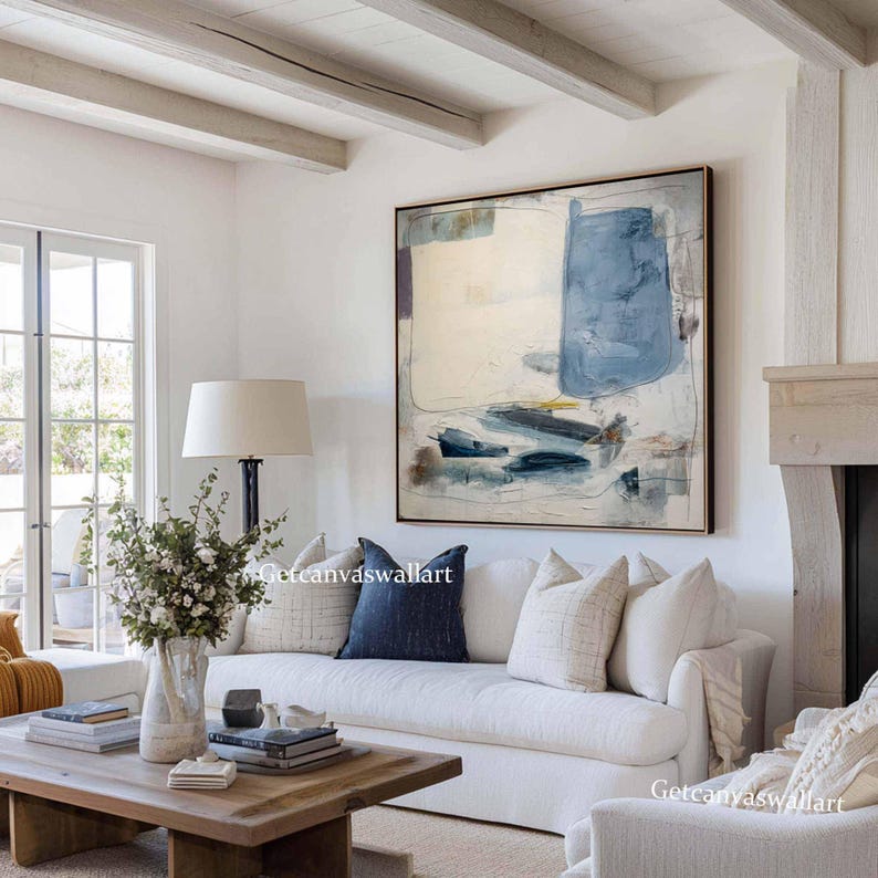 Large Abstract Oil Painting Blue and White Textured Wall Art Wabi Sabi ...
