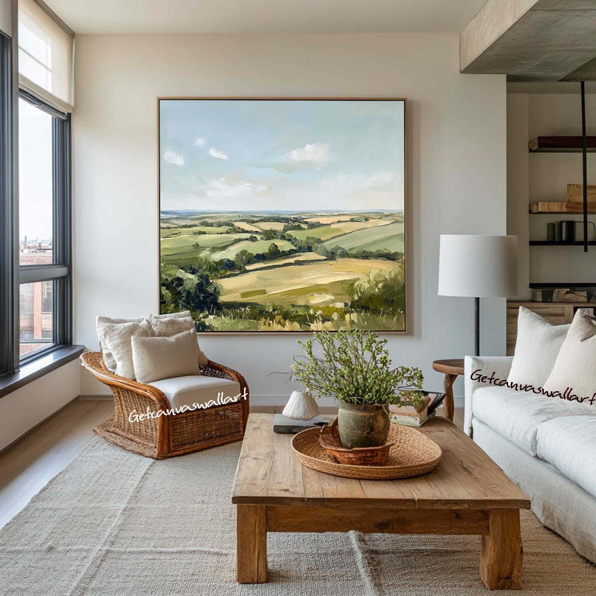 Hand-Painted Abstract Landscape: Green Meadow Canvas Art