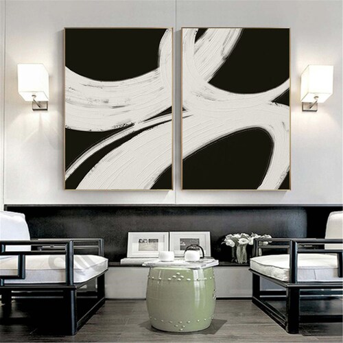 Set of 2 Abstract Black Painting Black and White Wall Art Etsy