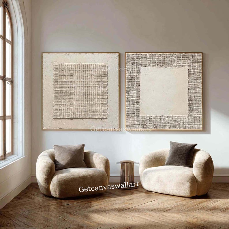 Large Beige Textured Wall Art Set of 2 Minimalist Abstract Painting ...