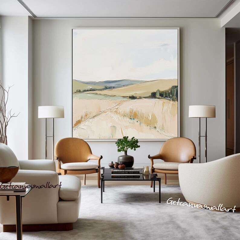 Large Neutral Landscape Oil Painting: Beige Textured Canvas Wall Art ...