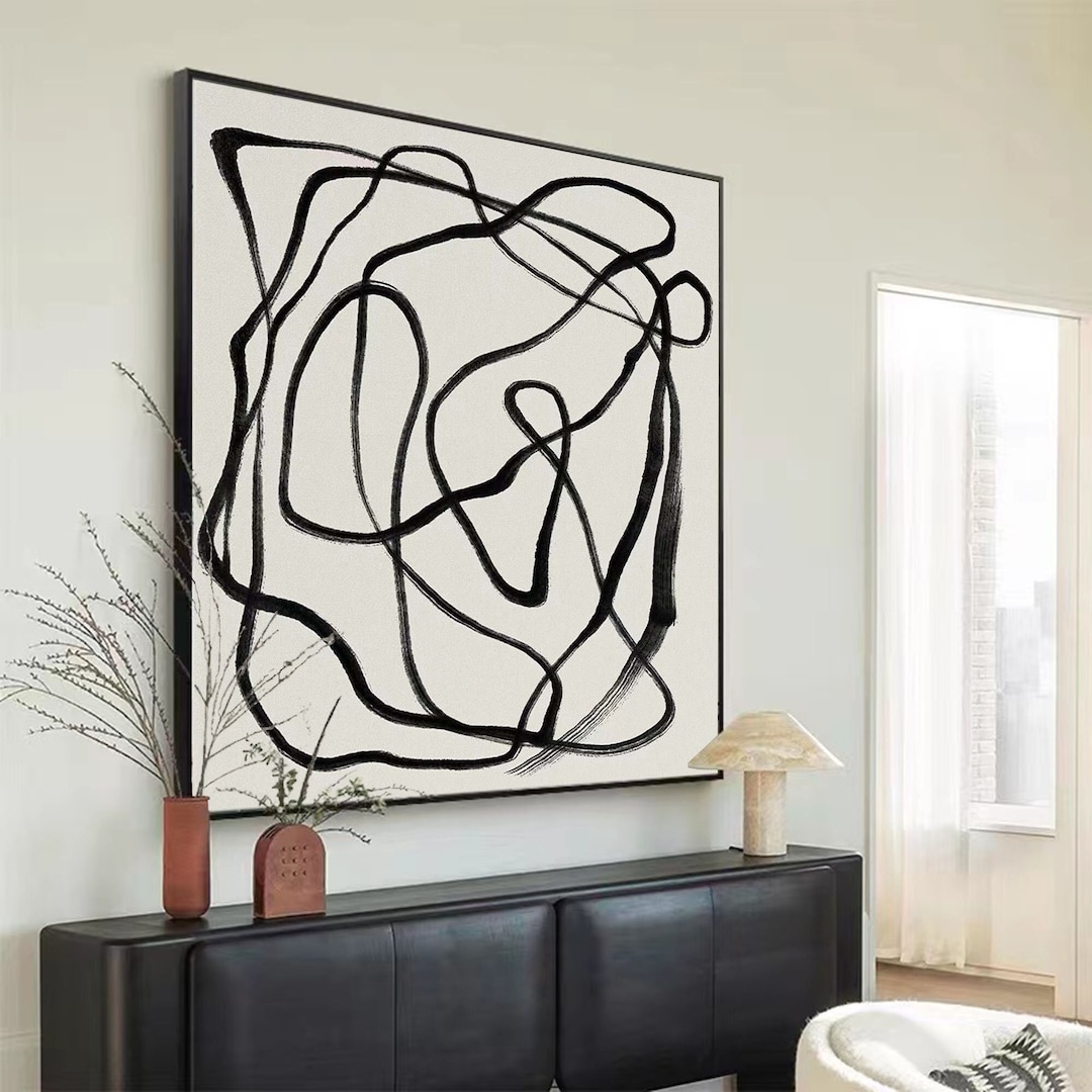 Black and White Minimalist Wall Art Black Abstract Line Painting White ...