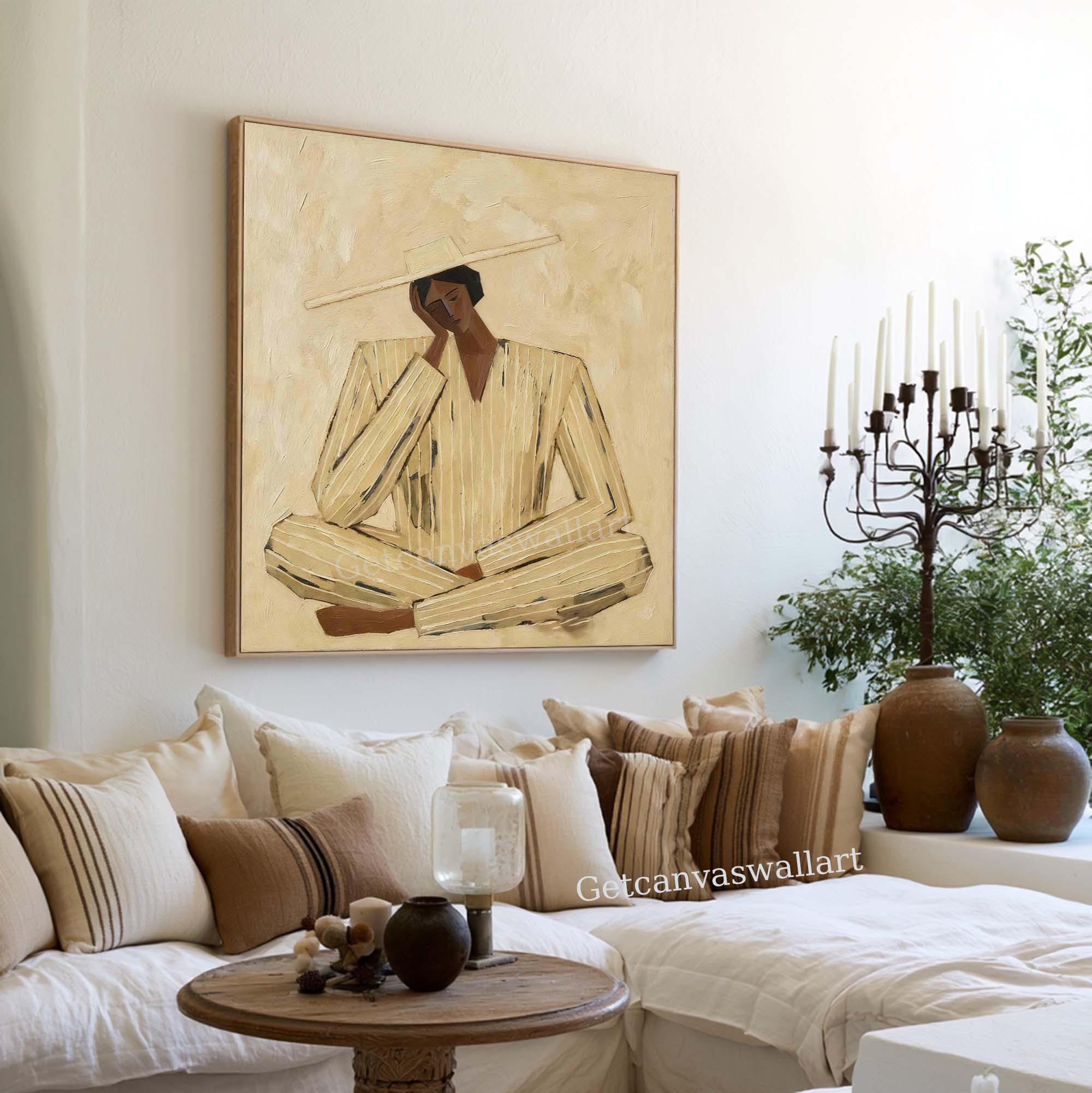 Minimalist Figurative Painting Neutral Woman Portrait Artwork Wabi Sabi Canvas Art