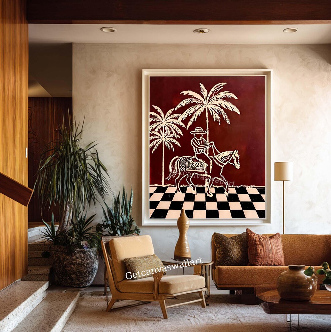 Mid Century Modern Wall Art Large Horse Rider Painting Retro Abstract ...