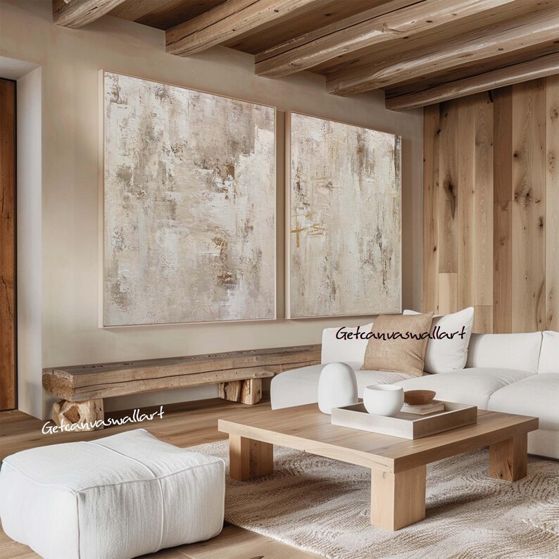 Beige Abstract Painting Set Large Beige Textured Canvas Art Wabi Sabi ...
