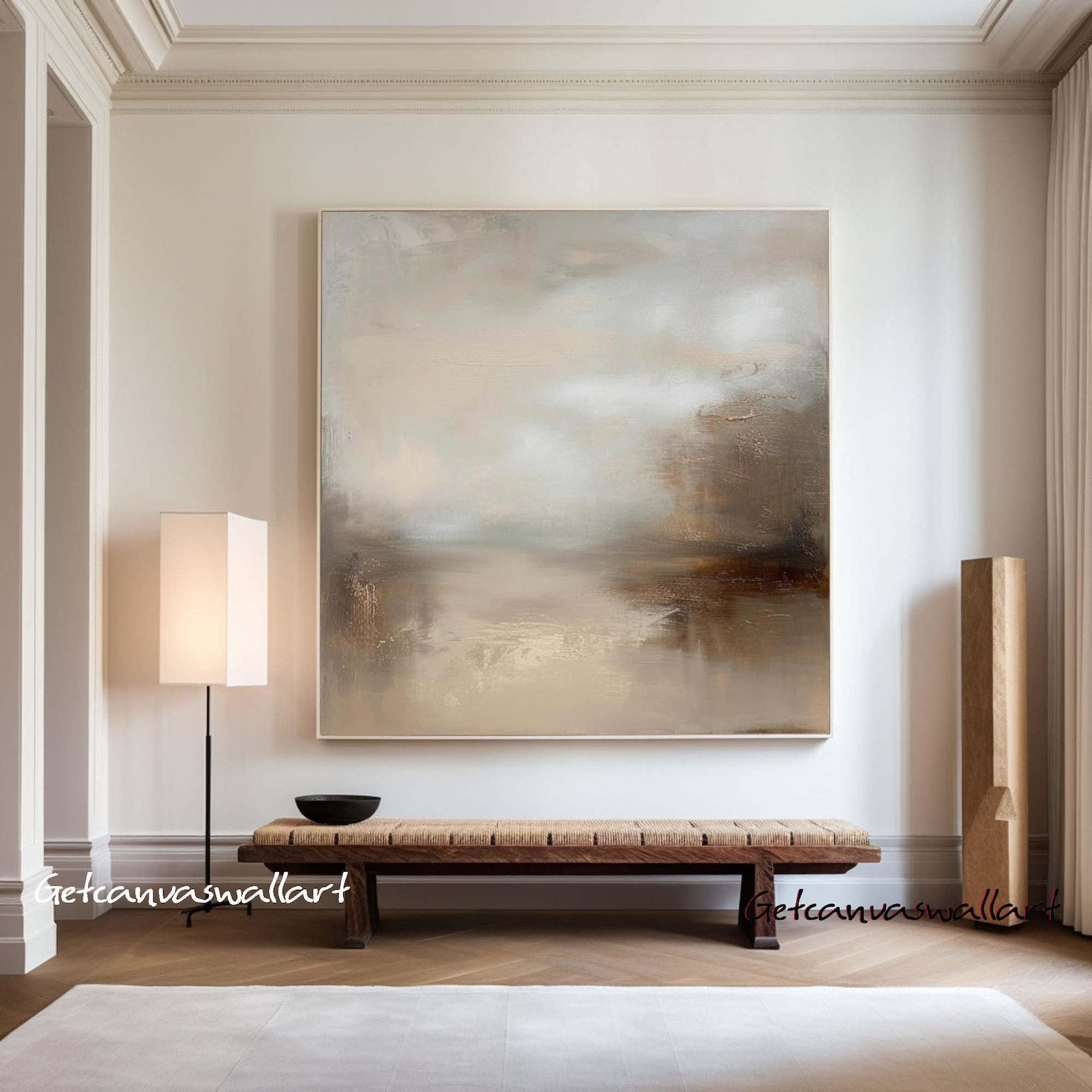 Picture Idea: Vintage Muted Landscape Oil Painting Large Beige Wall Art Abstract