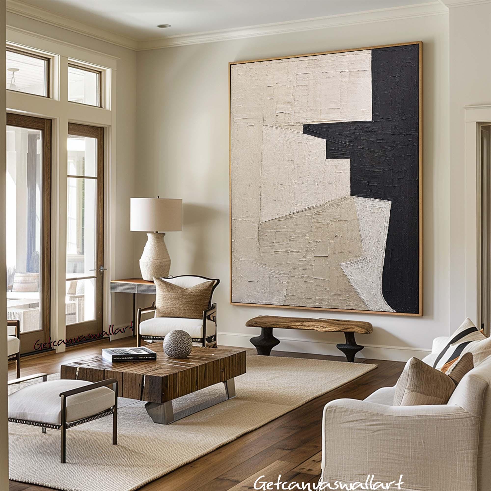 Large Beige Texture Canvas Art Beige & Black Minimalist Abstract ...