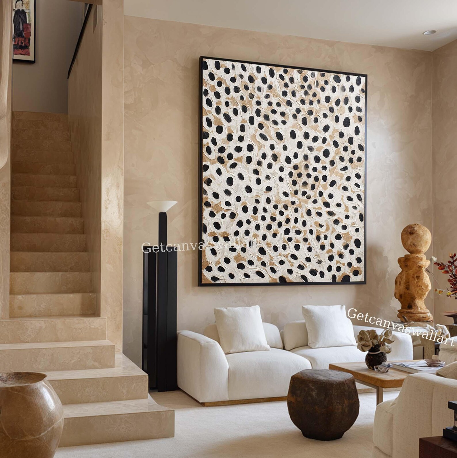 Large Abstract Polka Dot Painting Original Black and Beige Wall Art ...