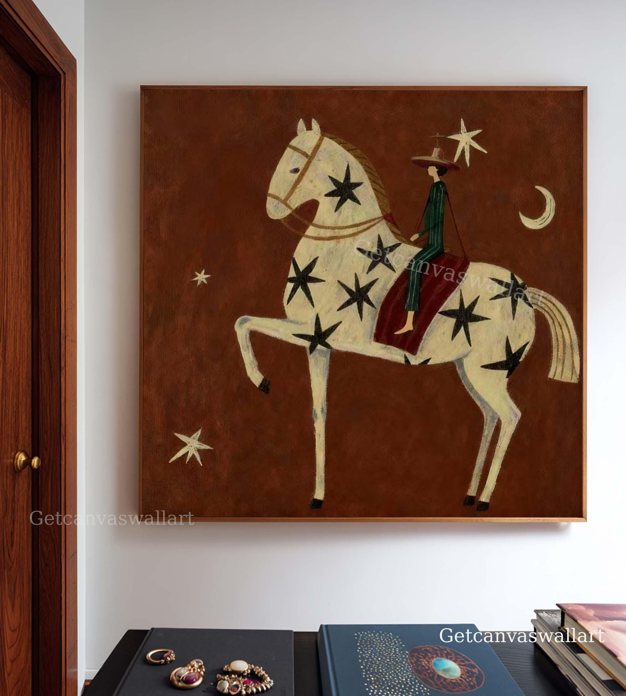 Large Abstract Horse Rider Oil Painting Modern Folk Art Western Canvas ...