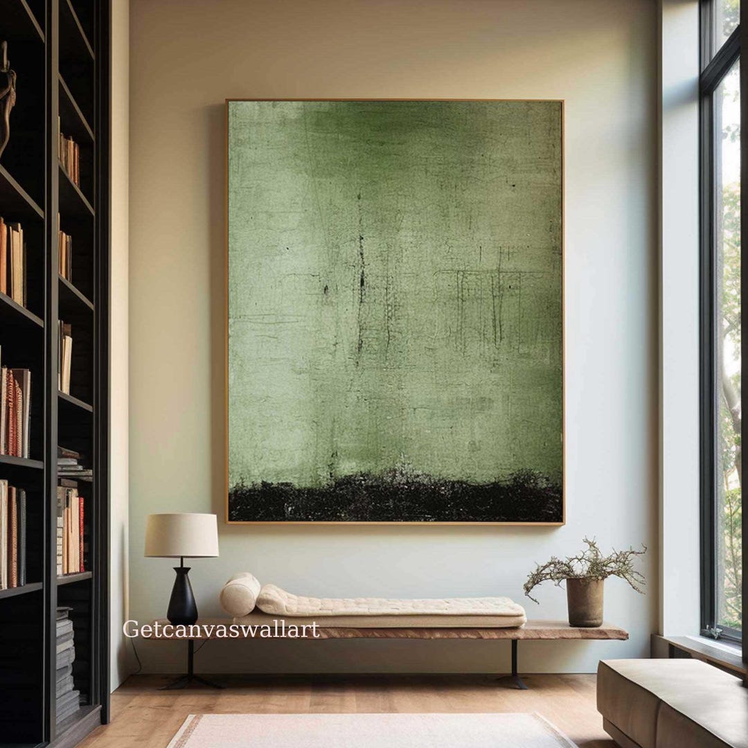 Sage Green Abstract Painting Black Green Textured Wall Art Minimalist ...