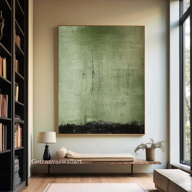 Sage Green Abstract Painting Black Green Textured Wall Art Minimalist ...