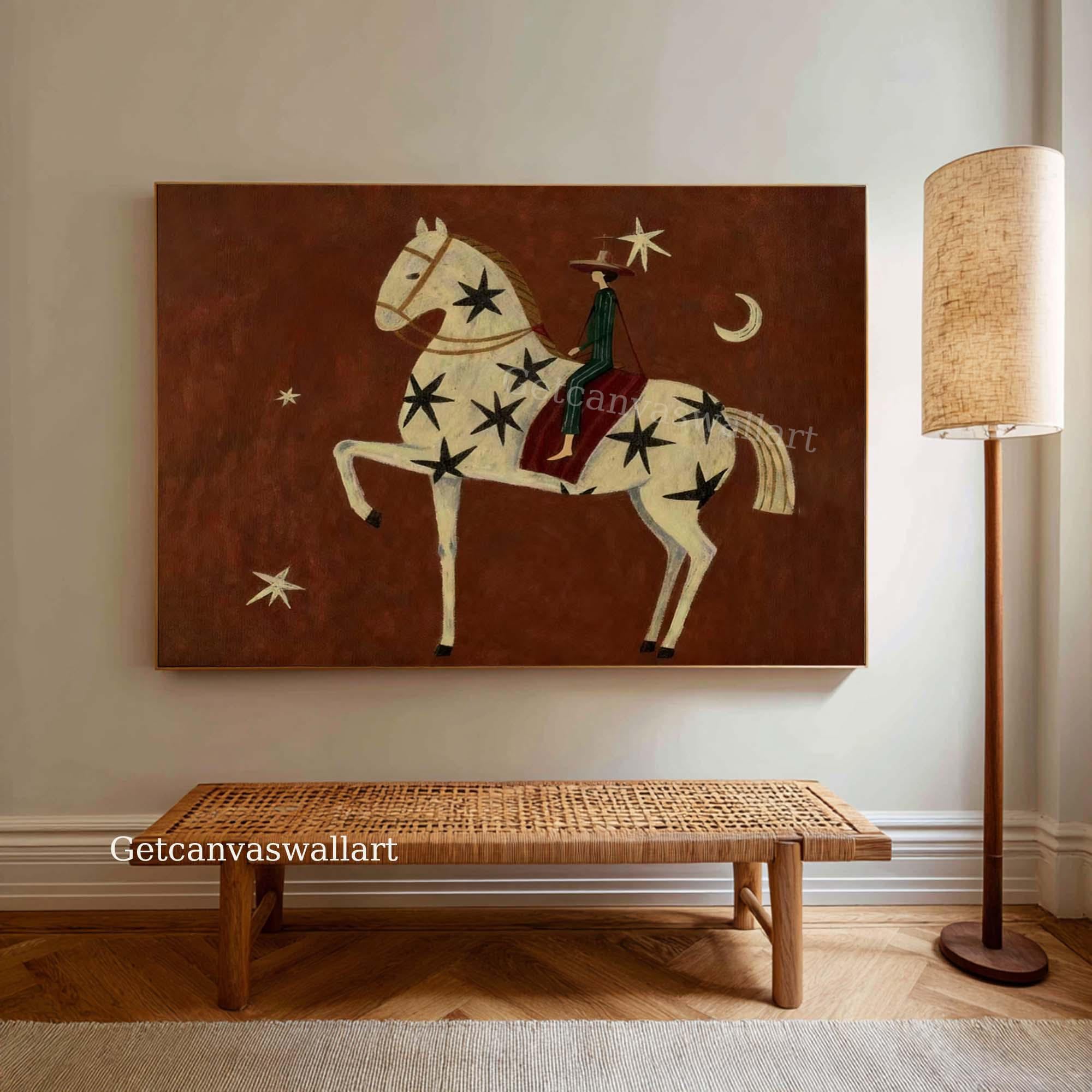 Large Abstract Horse Rider Oil Painting Modern Folk Art Western Canvas ...