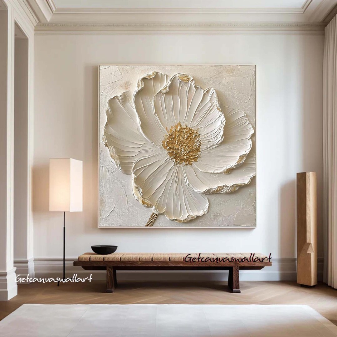 Neutral Beige Floral Wall Art Original Heavy Texture Painting Beige Abstract Flower Textured