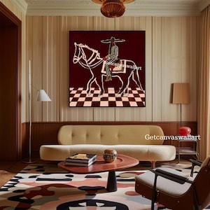 Vintage Horse Rider Oil Painting Large Red Minimalist Wall Art Mid ...