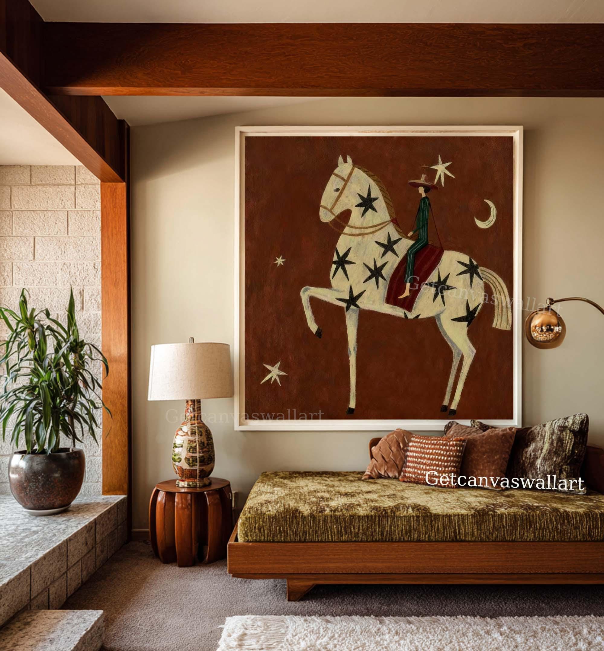 Large Abstract Horse Rider Oil Painting Modern Folk Art Western Canvas ...