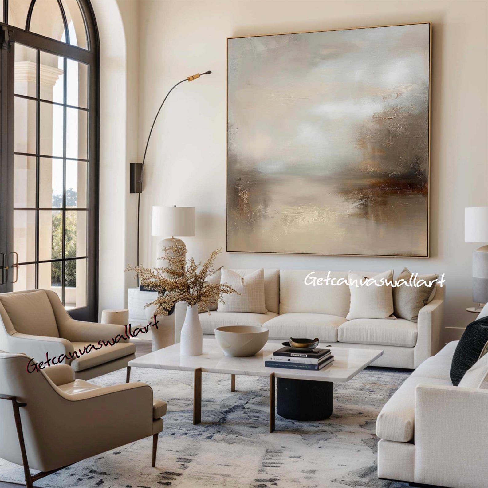 Curated visual reference: Visual Reference: Vintage Muted Landscape Oil Painting Large Beige Wall Art Abstract