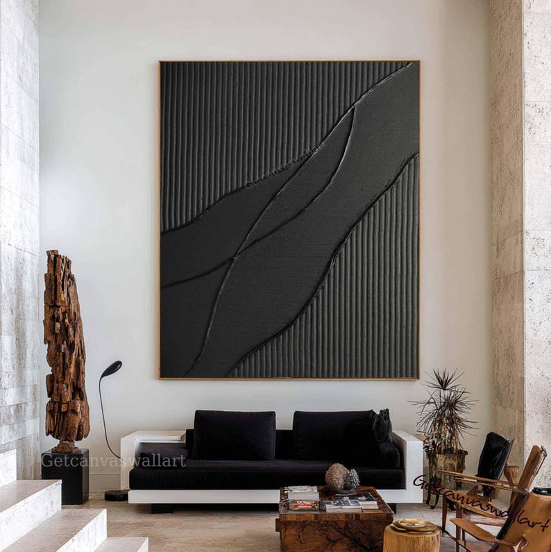 Large Black 3D Texture Painting Minimalist Plaster Wall Art Abstract ...