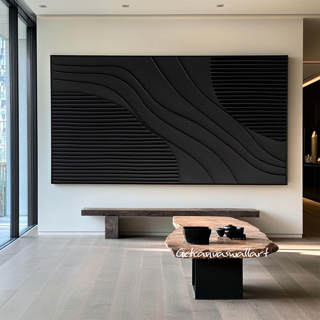Black 3D Texture Painting on Canvas Large Black Minimalist Wall Art ...