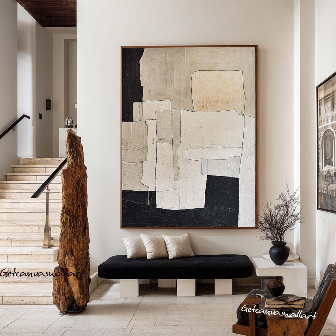 Beige Textured Abstract Painting Large Beige & Black Minimalist Wall ...