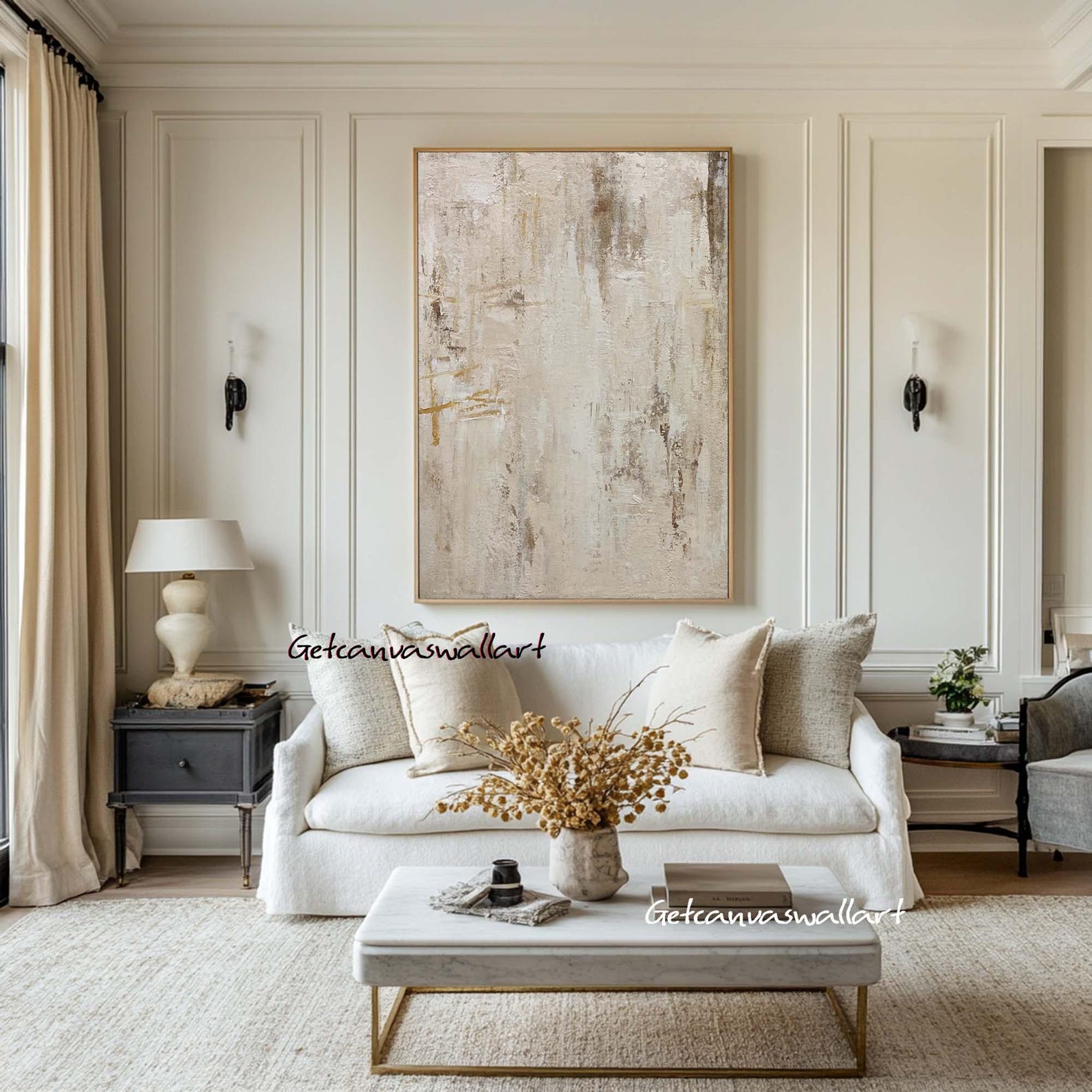 Large Beige Abstract Canvas Art Gold Line Textured Painting Wabi Sabi ...