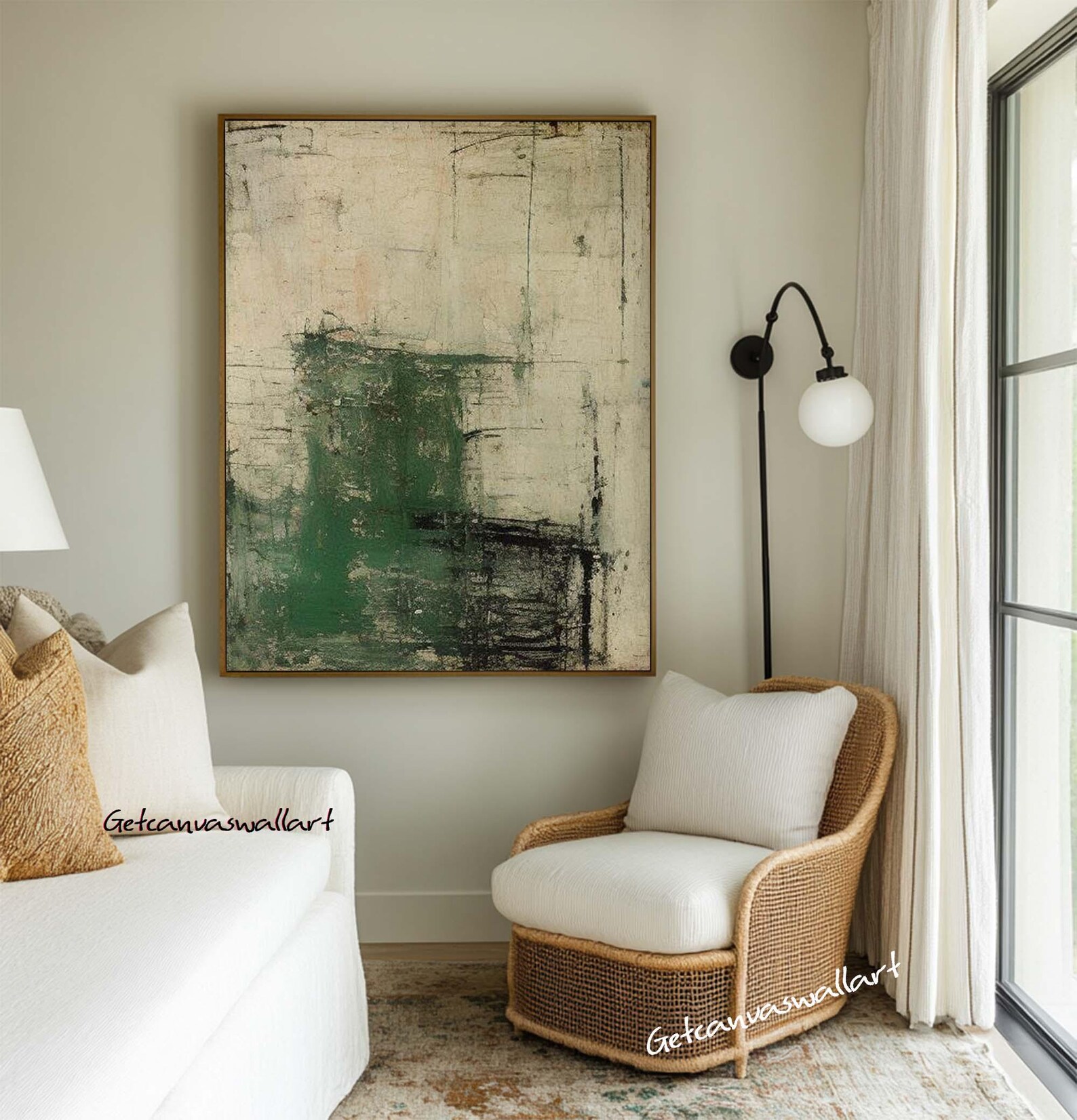 Neutral Green Abstract Canvas Art Green & Beige Textured Painting Wabi ...