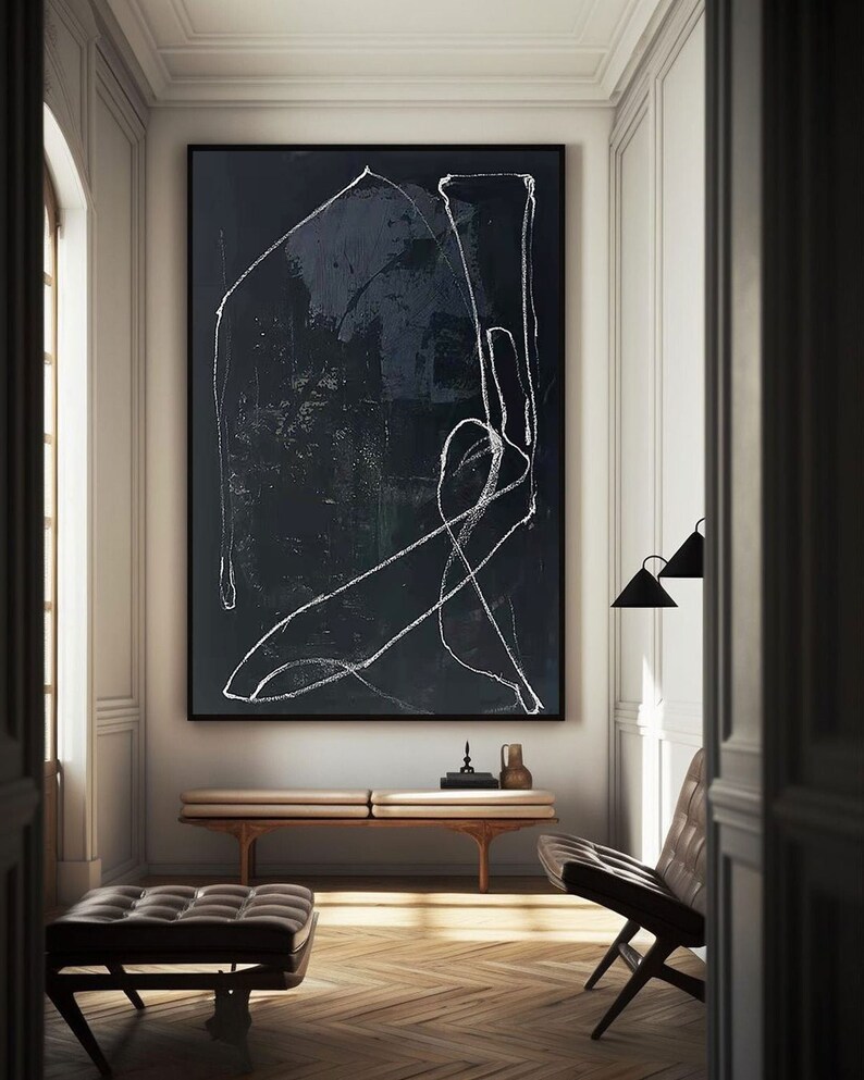 Large Black Abstract Line Oil Painting Textured Black and White Wall ...