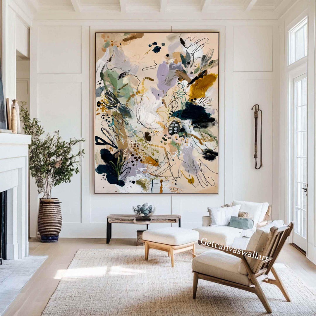 Large Beige Abstract Oil Painting Organic Modern Textured Wall Art ...