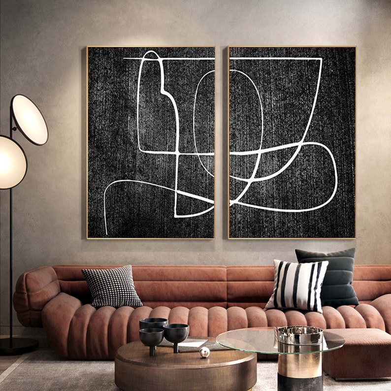 Black Wall Art 2 Piece Wall Art Black Textured Canvas Painting Etsy