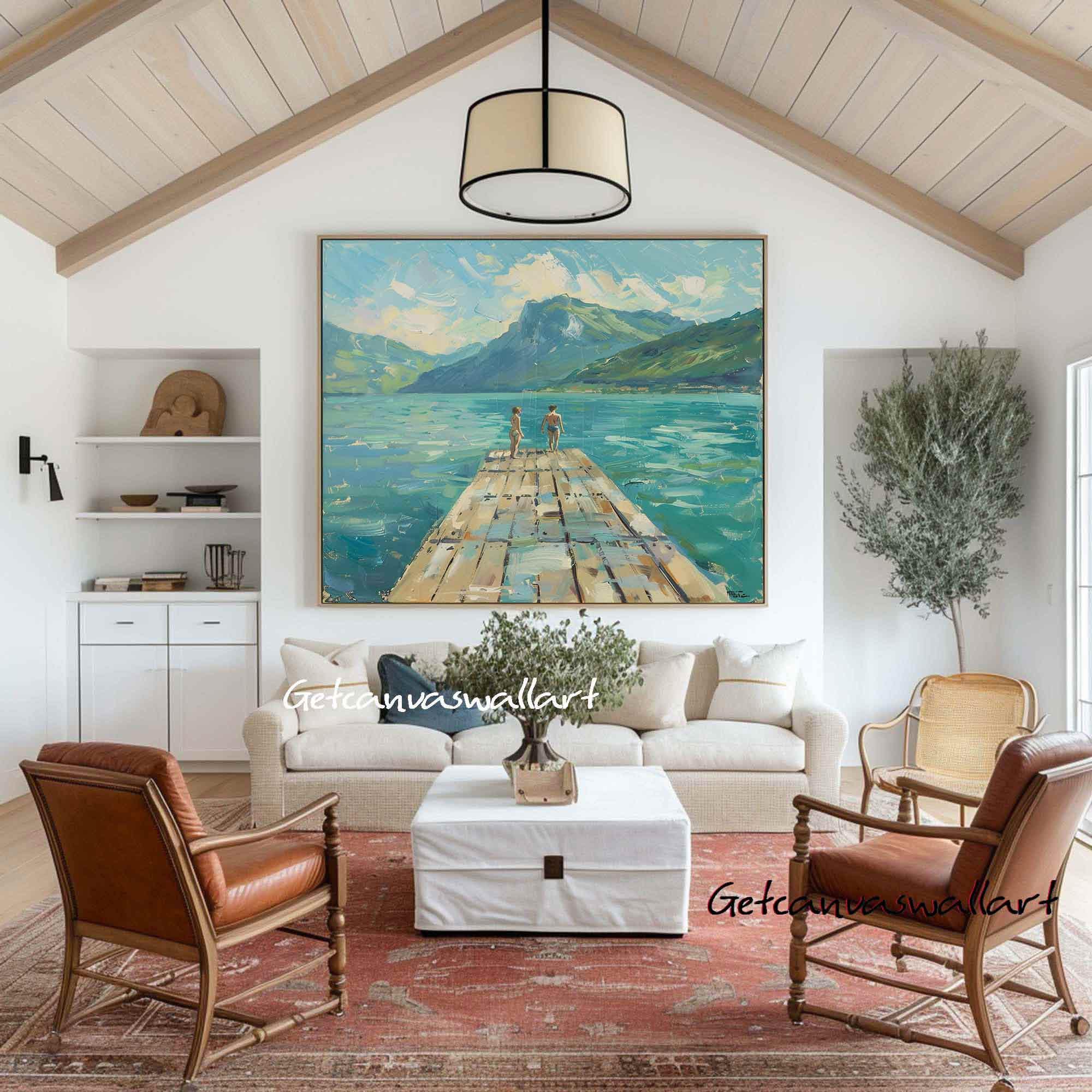 Large Abstract Lake Landscape Oil Painting Couple on Dock Serene Summer ...