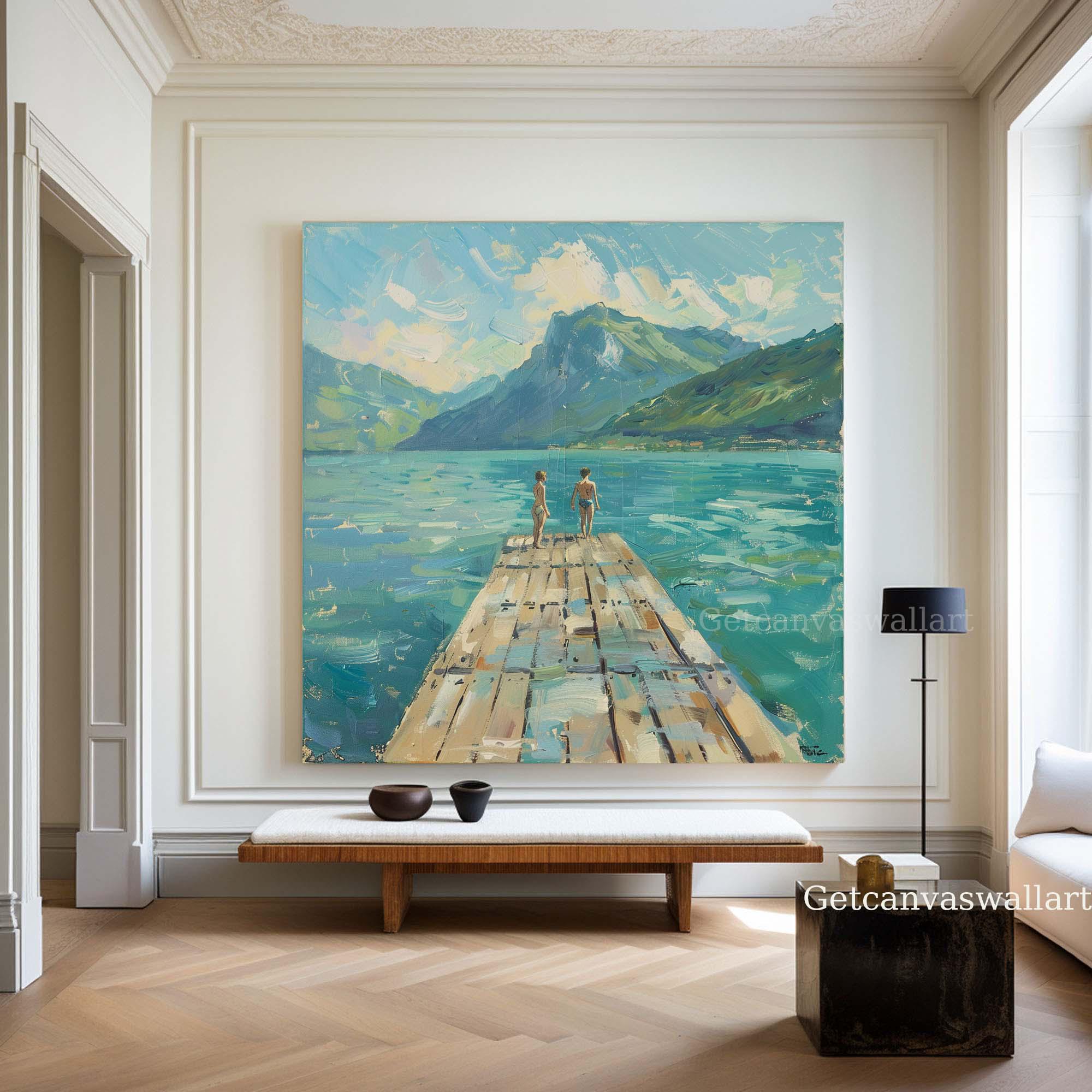 Large Abstract Lake Landscape Oil Painting Couple on Dock Serene Summer ...
