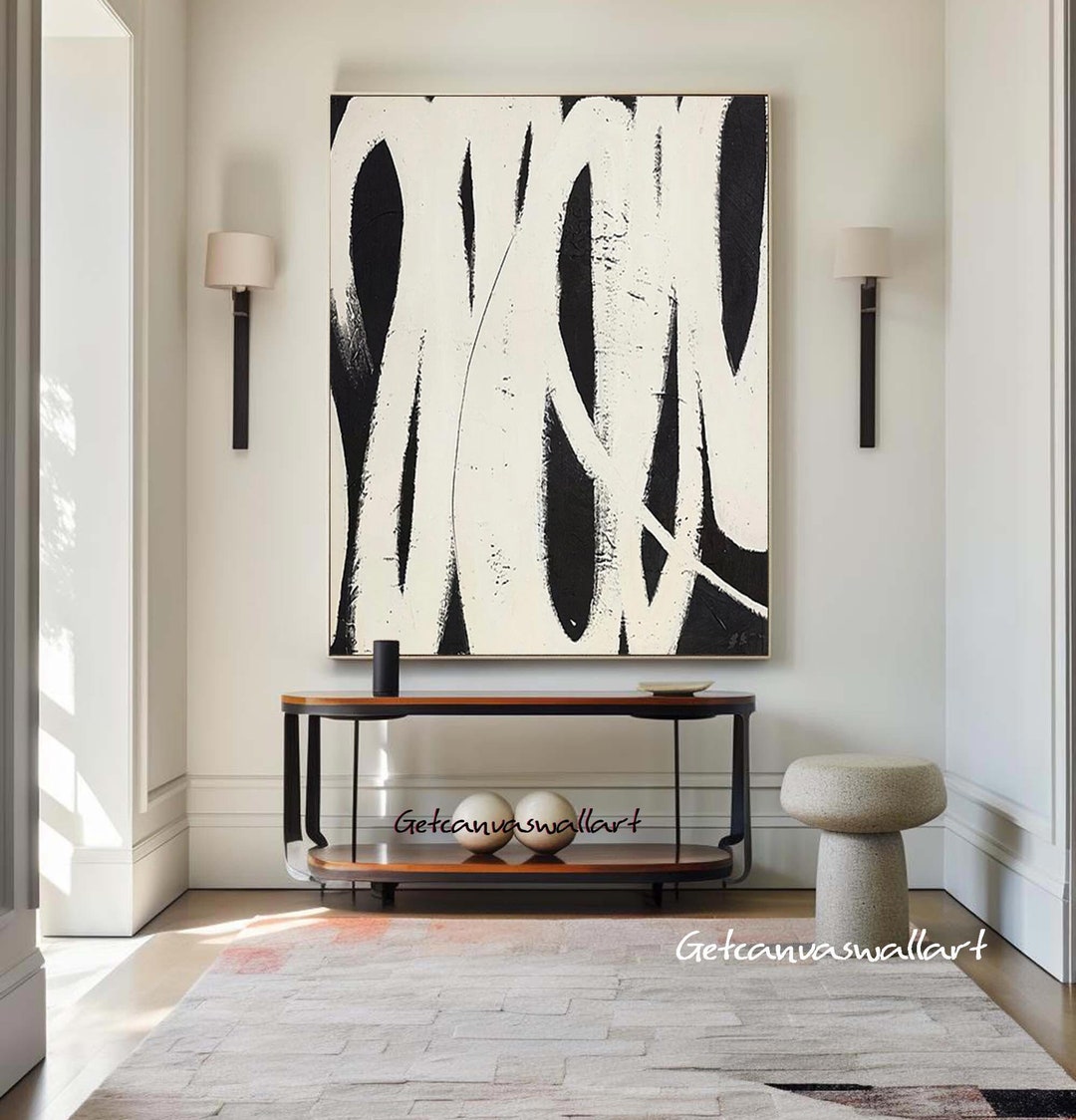 Black White Abstract Minimalist Wall Art Creamy White Texture Painting