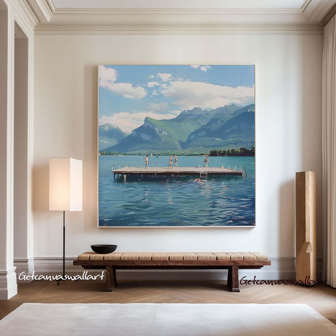 Blue Abstract Landscape Oil Painting Vintage Lake Scene Canvas Art ...