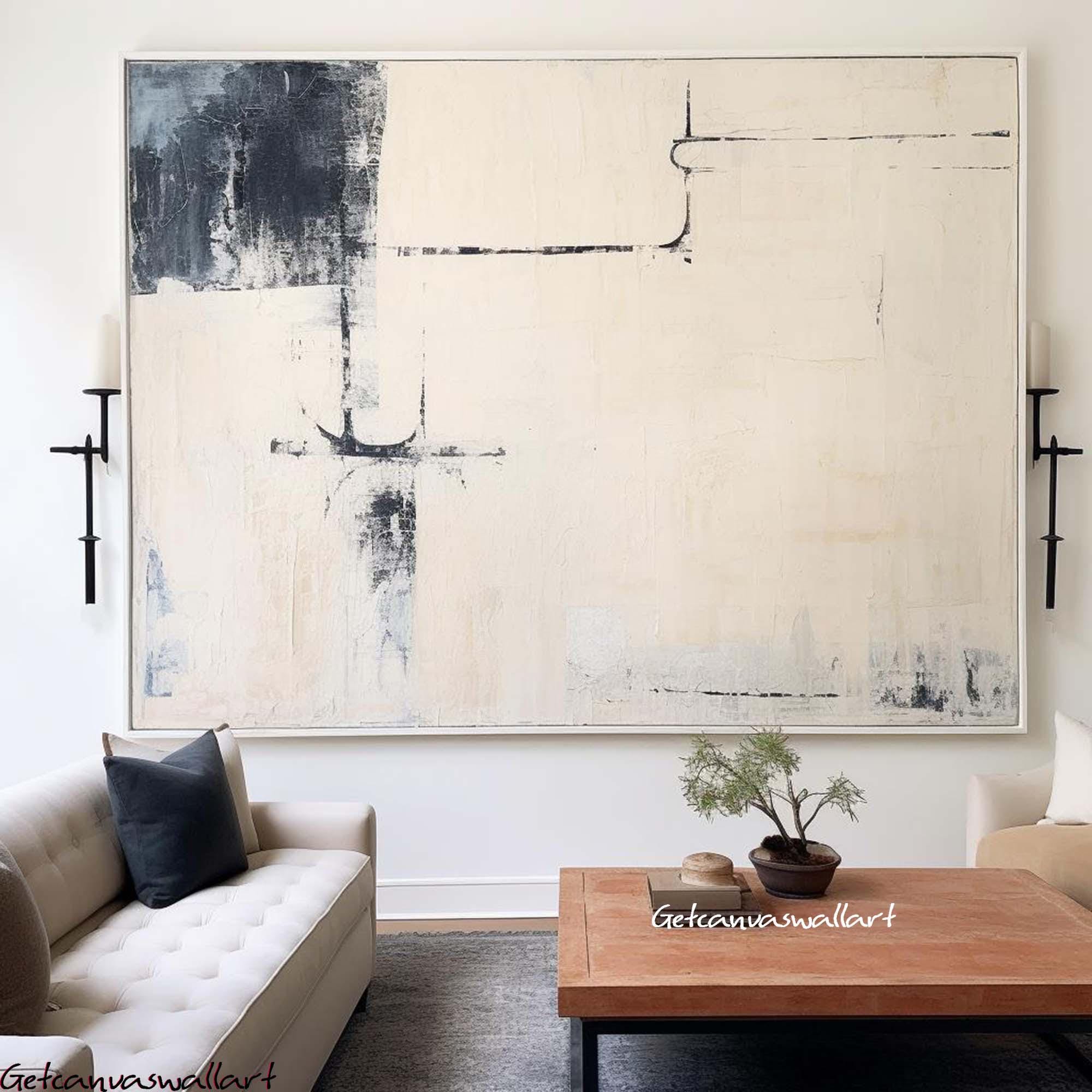 Beige Minimalist Abstract Painting Wabi Sabi Wall Art Light Beige Texture Painting on Canvas Neutral Wall Art Framed Blue Texture Wall Art