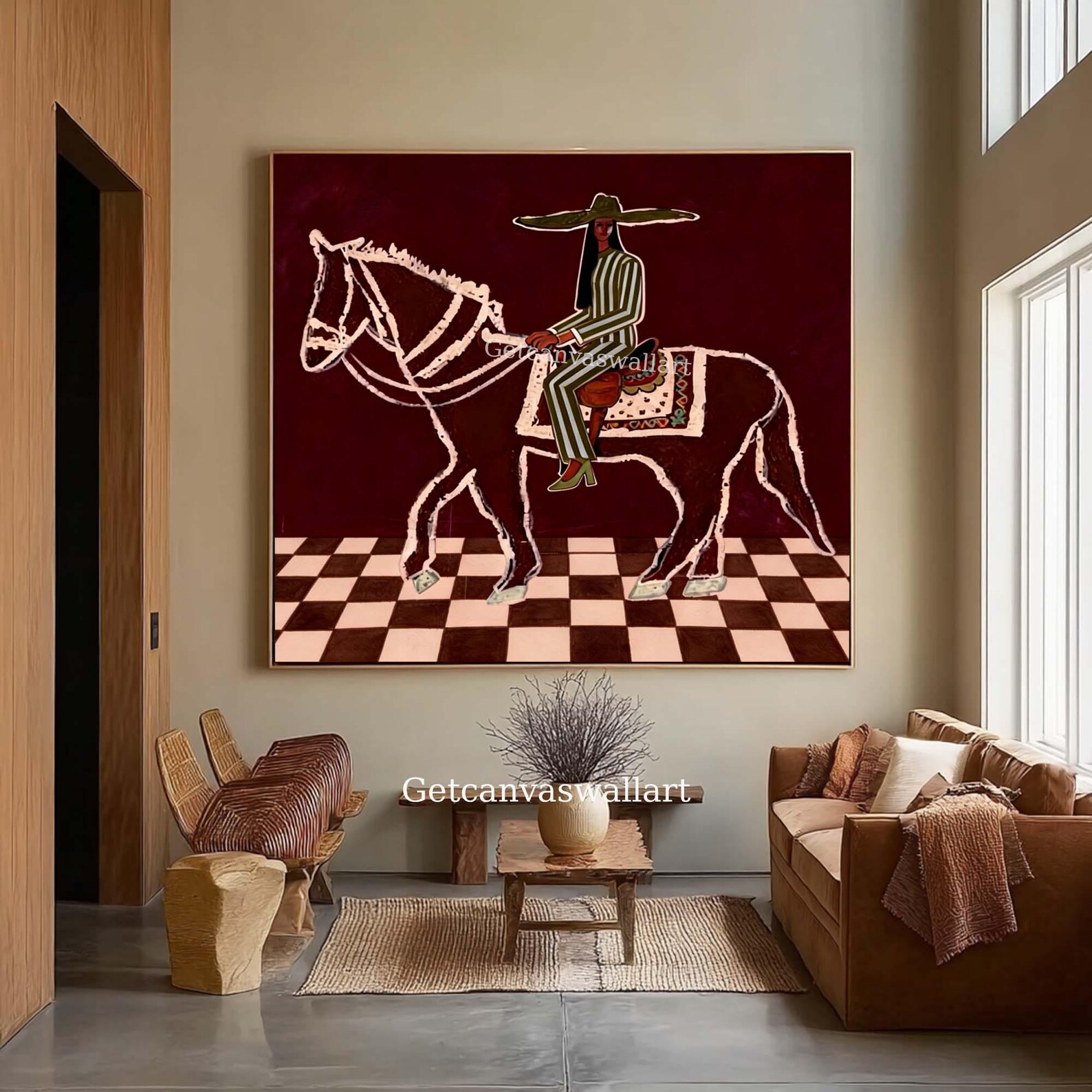 Vintage Horse Rider Oil Painting Large Red Minimalist Wall Art Mid ...