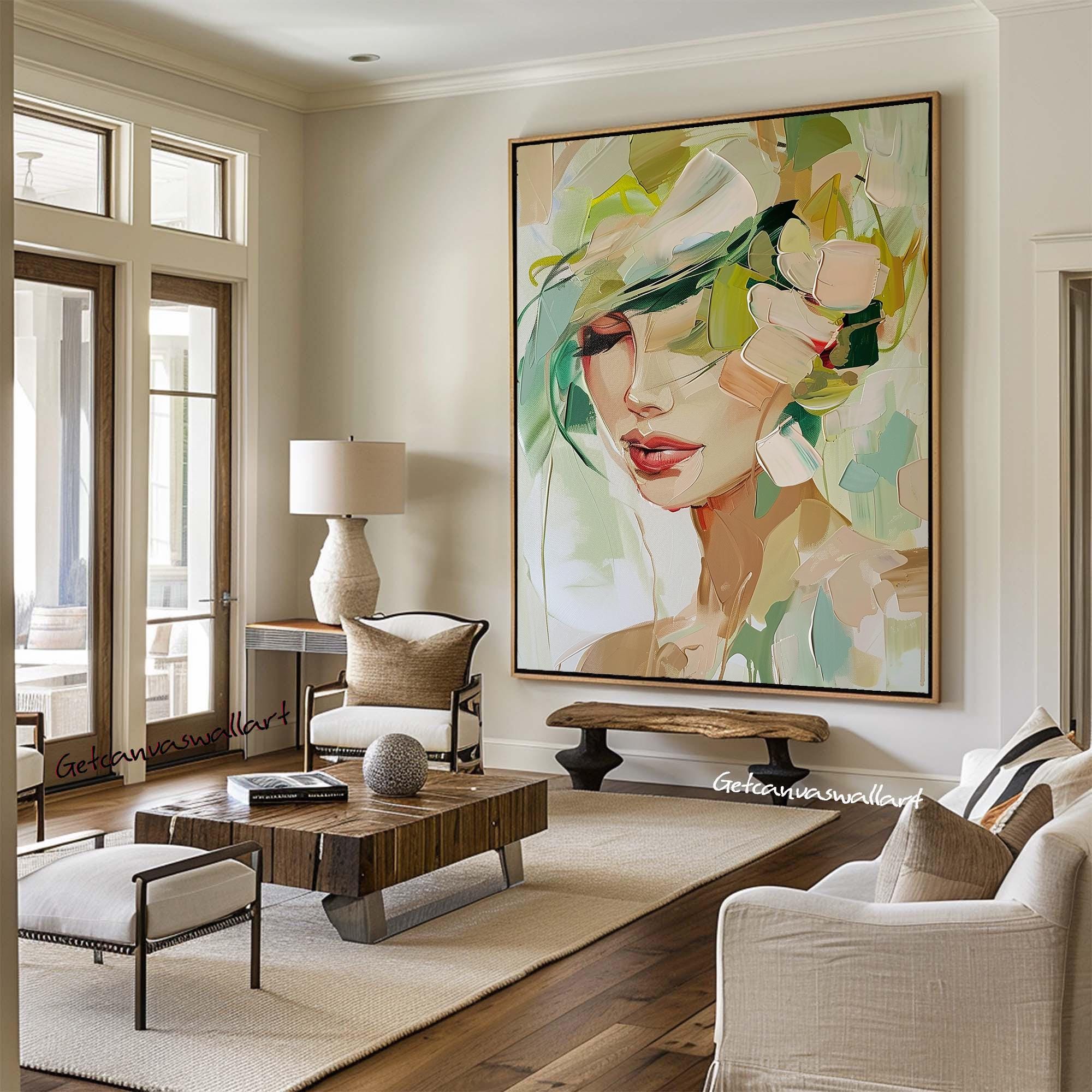 Abstract Woman Portrait Painting Large Green & Beige Wall Art Sage ...