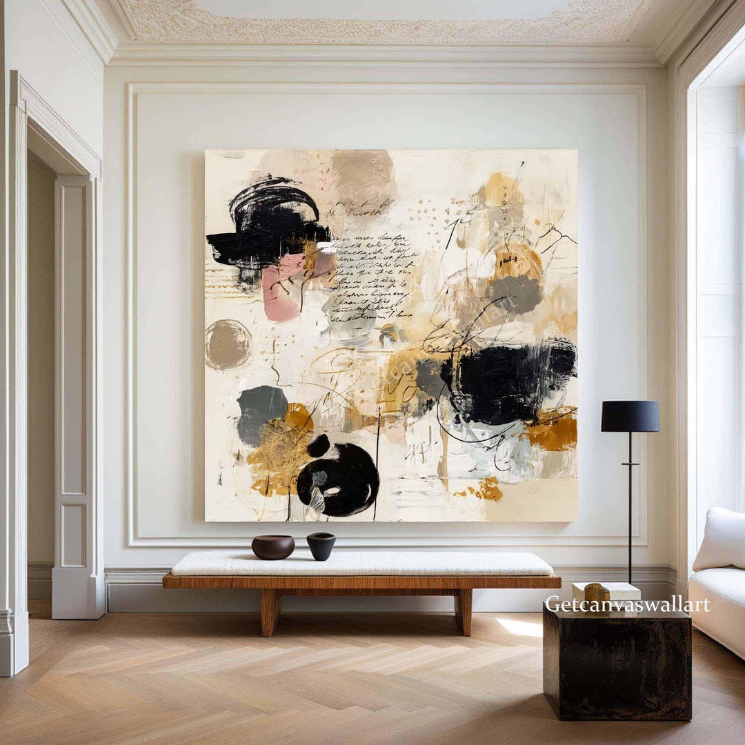 Original Abstract Expressionist Painting Large Beige & Black Textured ...